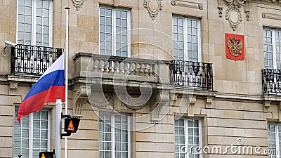 Flag of Russia flying half-mast at Russian Consulate Embassy Editorial Stock Photo
