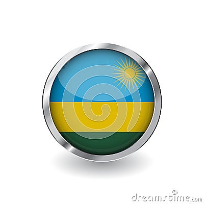 Flag of rwanda, button with metal frame and shadow. rwanda flag vector icon, badge with glossy effect and metallic border. Realist Vector Illustration