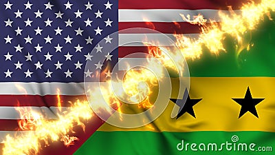 Flag of Sao Tome and Principe and the United States separated by a line of fire. Stock Photo