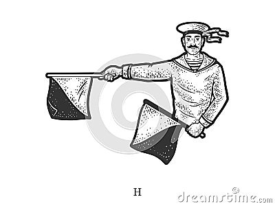 Flag semaphore letter H sketch raster illustration Cartoon Illustration