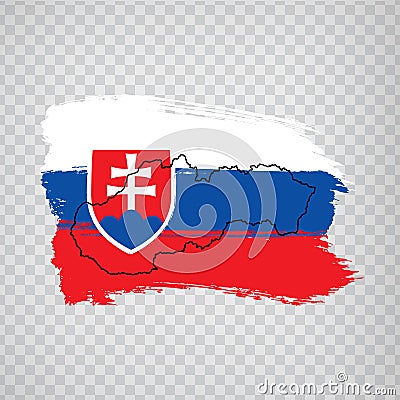 Flag Slovakia from brush strokes and Blank map Slovak Republic. High quality map Slovakia and flag on transparent background. Vector Illustration