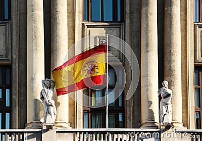 Flag of spain, from a neoclassic building, madrid Stock Photo