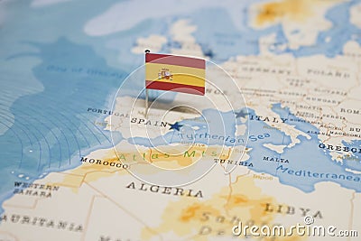 The Flag of spain in the world map Stock Photo