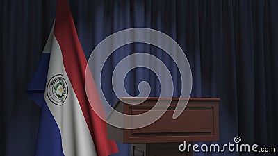 Flag of Paraguay and speaker podium tribune. Political event or statement related conceptual 3D rendering Stock Photo