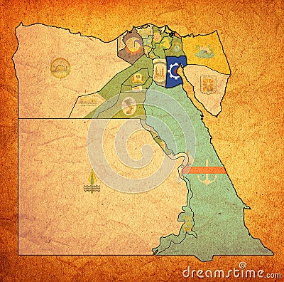 flag of Suez on map of Egypt Governorates Cartoon Illustration