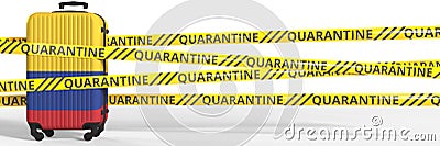 Quarantine warning stripes and a baggage with flag of Colombia. Tourism restriction concept, 3d rendering Stock Photo