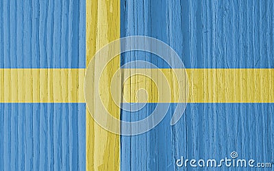 The flag of Sweden on a dry wooden surface, cracked with age. Light pale faded paint. Patriotic background or wallpaper. Stock Photo