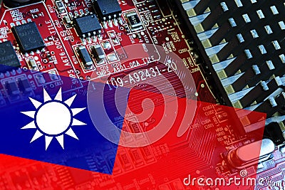 Flag of Taiwan on microchips of a electronic printed board. Taiwan manufacturing chip industry emerges as battlefront in U.S. - Stock Photo