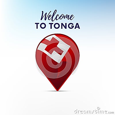 Flag of Tonga in shape of map pointer or marker. Welcome to Tonga. Vector illustration. Stock Photo