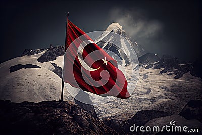 Flag of Turkey on mountains background. National flag of Turkey. Turkish flag waving in the wind with mountains on the background Stock Photo