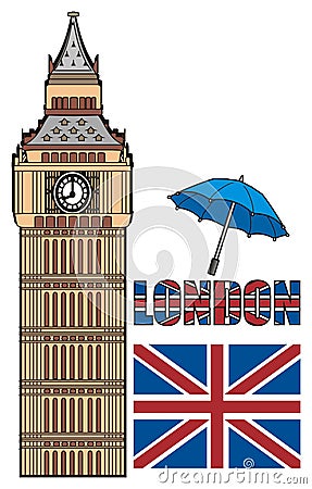 Flag of Uk with two symbols of London Stock Photo