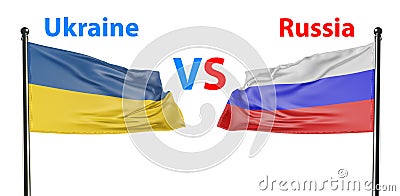 The flag of Ukraine and Russia in the wind of the conflict of countries is isolated white. Stock Photo