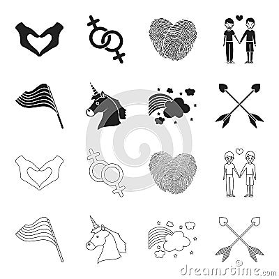 Flag, unicorn symbol, arrows with heart.Gay set collection icons in black,outline style vector symbol stock illustration Vector Illustration