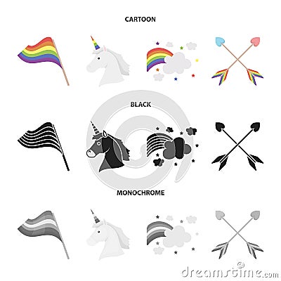 Flag, unicorn symbol, arrows with heart.Gay set collection icons in cartoon,black,monochrome style vector symbol stock Vector Illustration