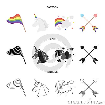 Flag, unicorn symbol, arrows with heart.Gay set collection icons in cartoon,black,outline style vector symbol stock Vector Illustration