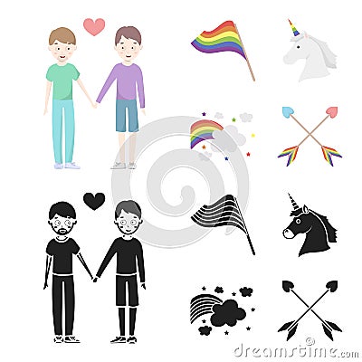 Flag, unicorn symbol, arrows with heart.Gay set collection icons in cartoon,black style vector symbol stock illustration Vector Illustration
