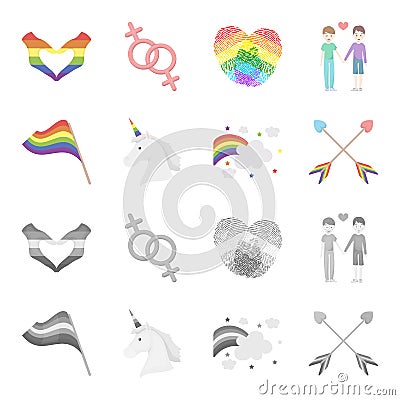 Flag, unicorn symbol, arrows with heart.Gay set collection icons in cartoon,monochrome style vector symbol stock Vector Illustration