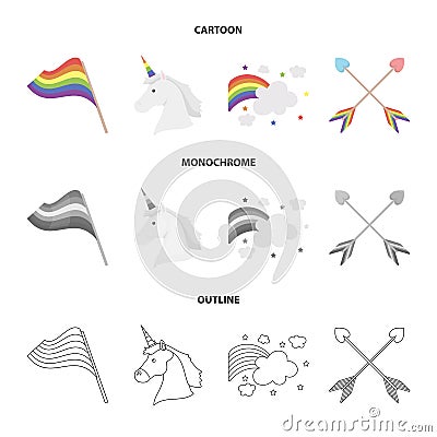 Flag, unicorn symbol, arrows with heart.Gay set collection icons in cartoon,outline,monochrome style vector symbol stock Vector Illustration