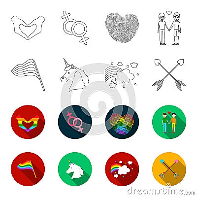 Flag, unicorn symbol, arrows with heart.Gay set collection icons in outline,flat style vector symbol stock illustration Vector Illustration