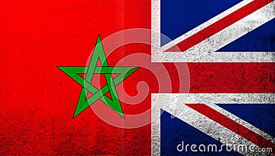 National flag of United Kingdom Great Britain Union Jack with The Kingdom of Morocco National flag. Grunge background Stock Photo