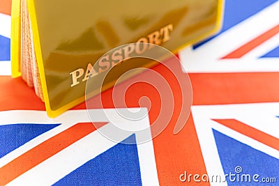 Flag of United kingdom with passport. Travel visa and citizenship concept. residence permit in the country. a yellow Stock Photo