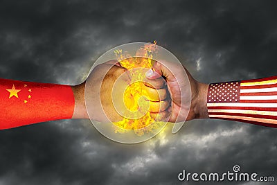 The flag of the United States of America and the flag of China and the economic struggle painted on the fist or hand mixed media Stock Photo