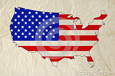 Flag of United States of America in USA map with old paper Stock Photo