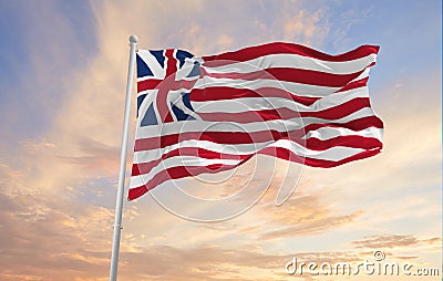 flag of United States 1776-1777 at cloudy sky background on sunset. Patriotic concept about state. Flag day. Cartoon Illustration