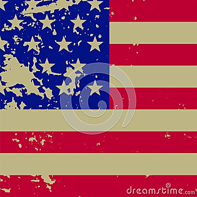 Flag of United States, square illustration in retro style. Distressed vintage American flag. Cartoon Illustration