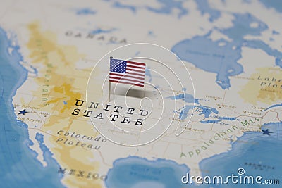 The Flag of the United States in the world map Stock Photo