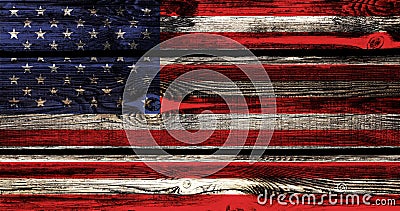 Flag of USA on Independence Day on the background and texture of a wooden bar with knots Stock Photo