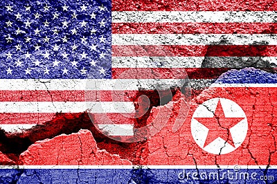 Flag of USA and North Korea on a cracked background. Concept of conflict between two nations, Washington and Pyongyang Stock Photo