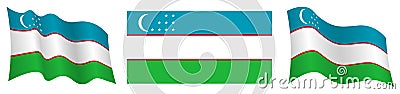 Flag of uzbekistan in static position and in motion, fluttering in wind in exact colors and sizes, on white background Vector Illustration