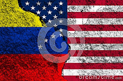 Flag of Venezuela and USA on the background texture of the shabby paint with a crack on the whole frame Stock Photo