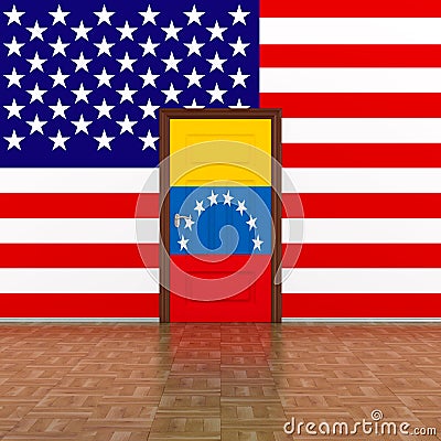 Flag Venezuela and USA on wall and door. 3D illustration Cartoon Illustration