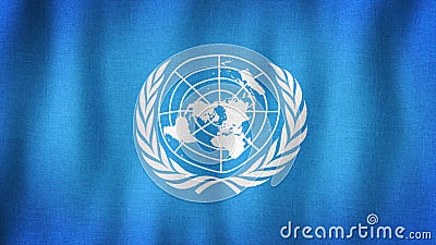 UN flag waving in the wind. Closeup of realistic United Nations flag with highly detailed fabric texture Editorial Stock Photo