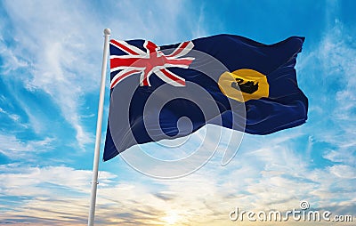 flag of Western Australia , Australia at cloudy sky background on sunset, panoramic view. Australian travel and patriot concept. Cartoon Illustration