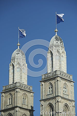 Zurich sightseeing the towers of Grossmunster cathedral Stock Photo