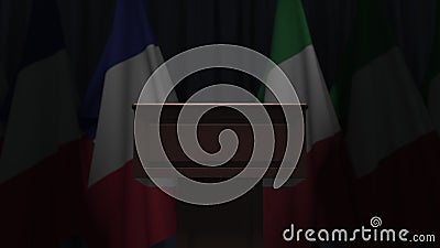 Flagi Francji i Włoch oraz mówca podium tribune Koncepcja animacji 3D związana z wydarzeniem politycznym lub negocjacjami royalty ilustracja Flagi Francji i Włoch oraz mówca podium tribune Koncepcja animacji 3D związana z wydarzeniem politycznym lub negocjacjami royalty ilustracja