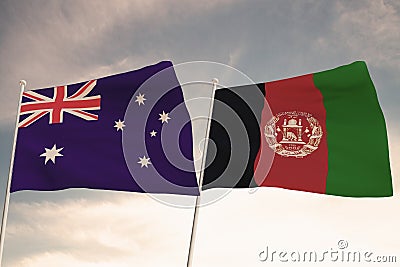 Flags of Afghanistan and Australia waving with cloudy blue sky background, 3D rendering Stock Photo
