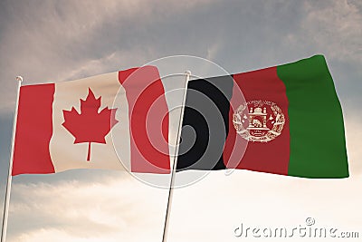 Flags of Afghanistan and Canada waving with cloudy blue sky background, 3D rendering Editorial Stock Photo