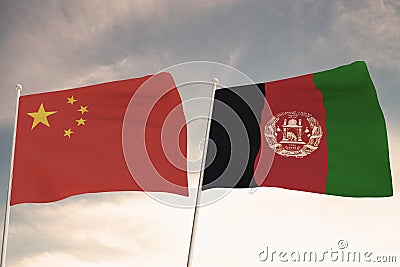 Flags of Afghanistan and China waving with cloudy blue sky background, 3D rendering Editorial Stock Photo