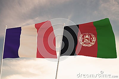 Flags of Afghanistan and France waving with cloudy blue sky background, 3D rendering Stock Photo