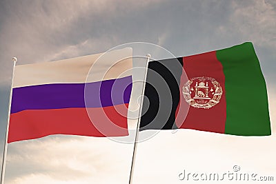 Flags of Afghanistan and Russia waving with cloudy blue sky background, 3D rendering Stock Photo