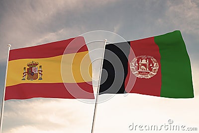 Flags of Afghanistan and Spain waving with cloudy blue sky background, 3D rendering Editorial Stock Photo