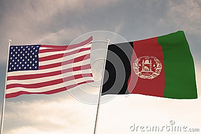 Flags of Afghanistan and United States of America USA waving with cloudy blue sky background, 3D rendering Stock Photo