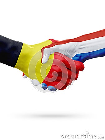 Flags Belgium, Netherlands countries, partnership friendship handshake concept. Stock Photo