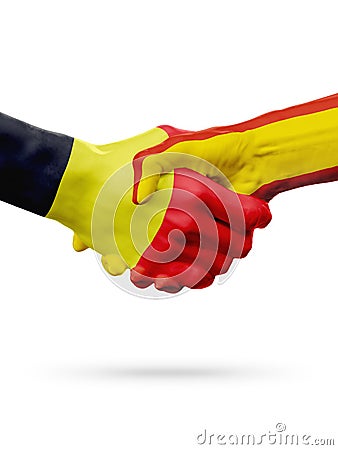 Flags Belgium, Spain countries, partnership friendship handshake concept. Stock Photo