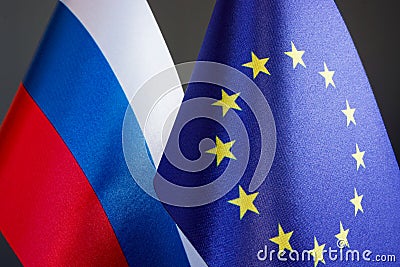 Flags of the European Union EU and the Russian Federation Russia. Stock Photo