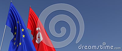 Flags of the European Union and Tunisia on flagpoles on sides. Flags on a blue background. Place for text. EU. Tunisian. 3d Cartoon Illustration